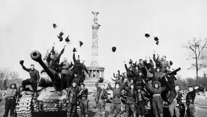 Soviet tankers celebrate the victory in Berlin. May 9, 1945.